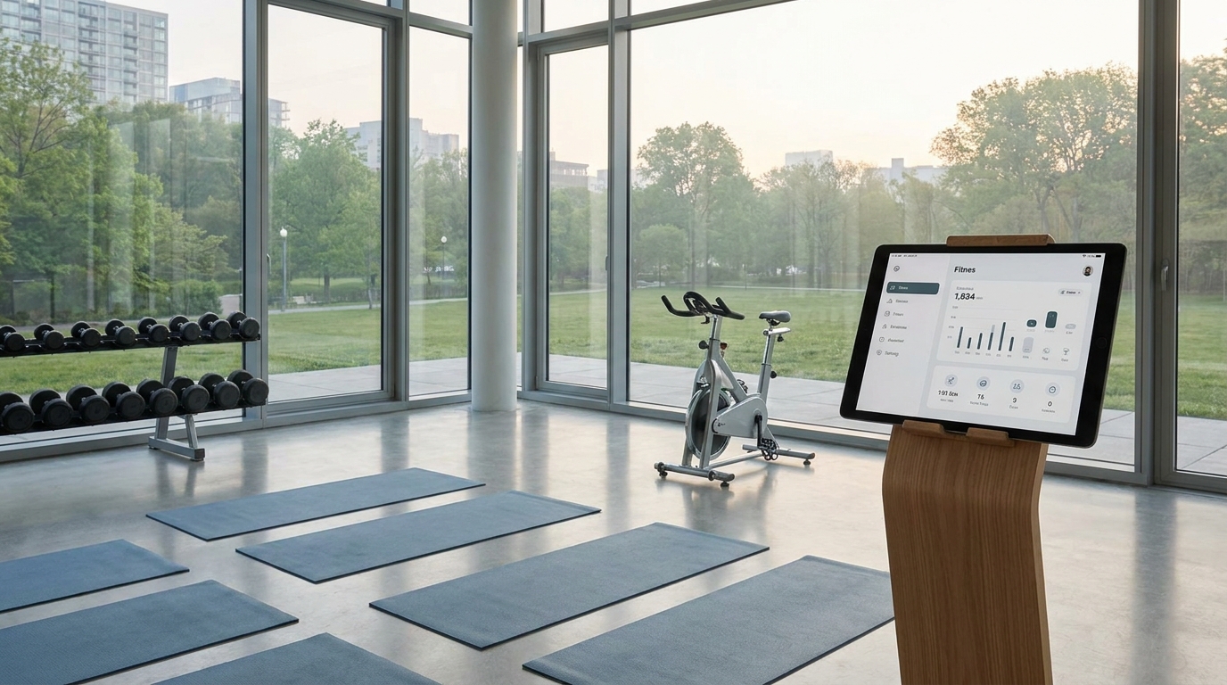 Interior of a modern fitness studio with various exercise equipment and a tablet showing a fitness app.