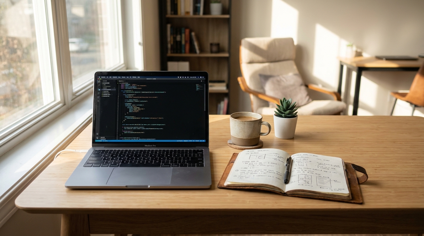 A freelancer's desk setup with a laptop, notebook, and coffee, symbolizing independent work and business operations.
