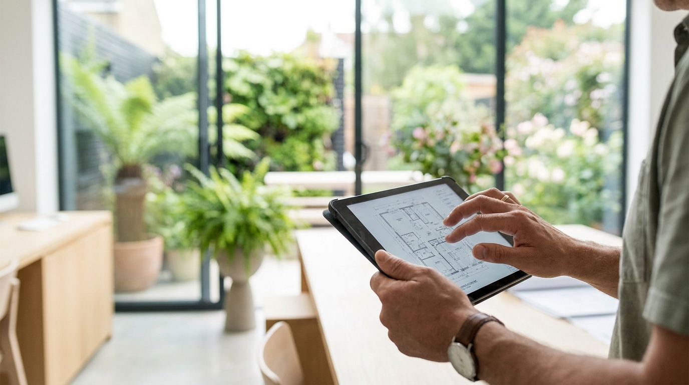 A landscaping business owner reviewing site plans on a tablet, with garden designs visible, in a bright modern office.
