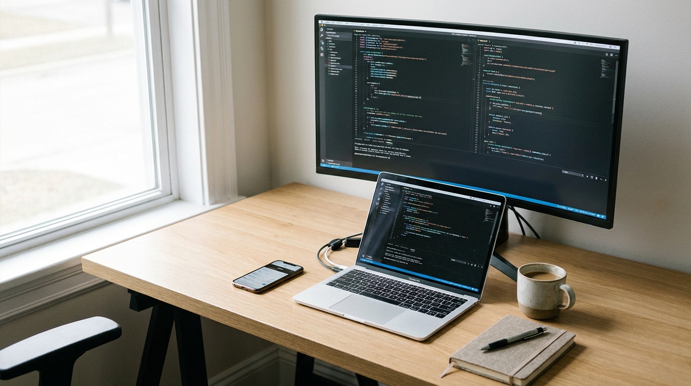 A clean desk with a computer, laptop, and smartphone, representing a mobile developer's workspace.