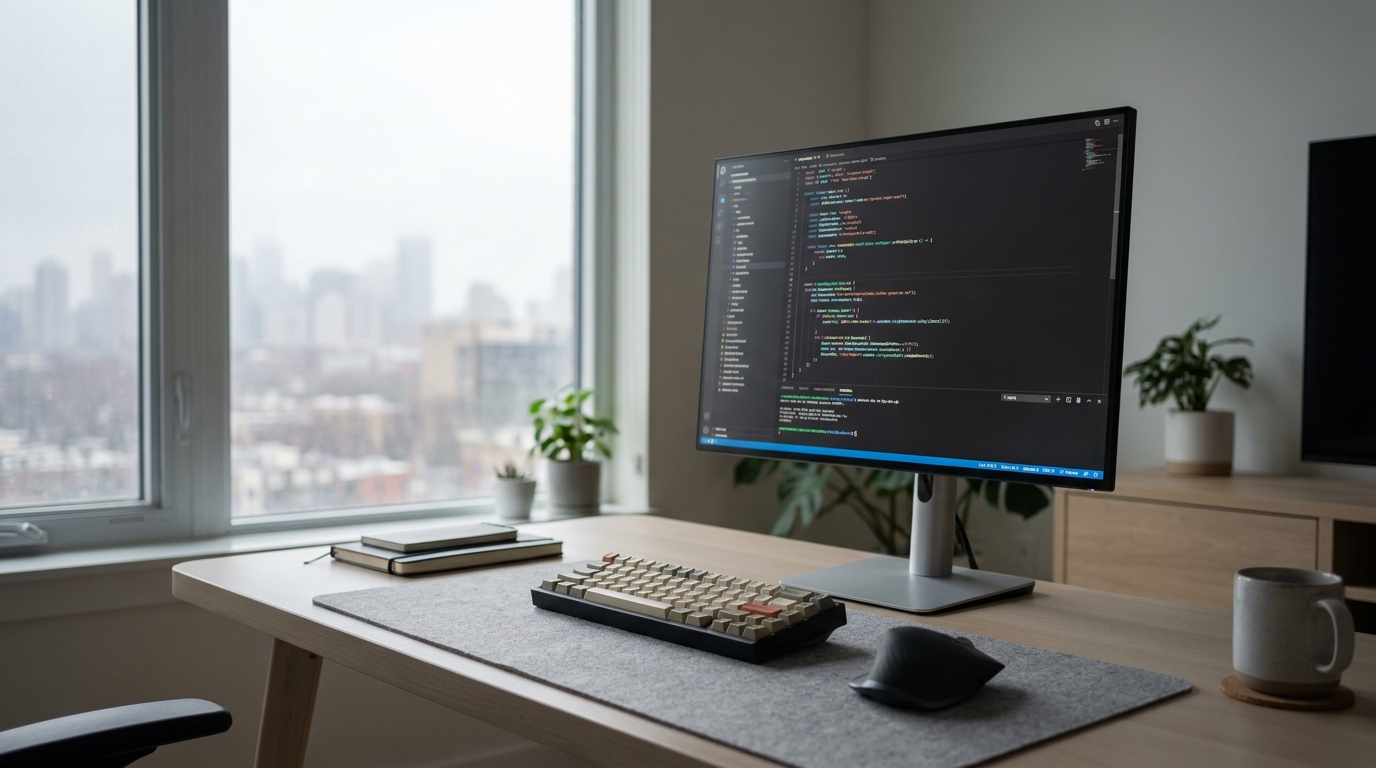 A developer's desk with a monitor showing code, keyboard, and mouse, bathed in soft light, with a blurred city in the background.