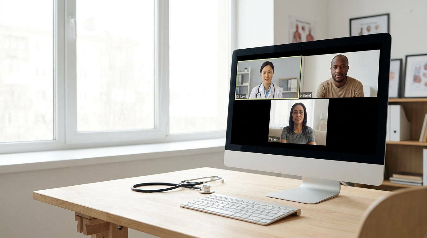 A modern telehealth setup with a laptop showing a video consultation, a stethoscope, and medical documents, symbolizing the intersection of technology and healthcare.