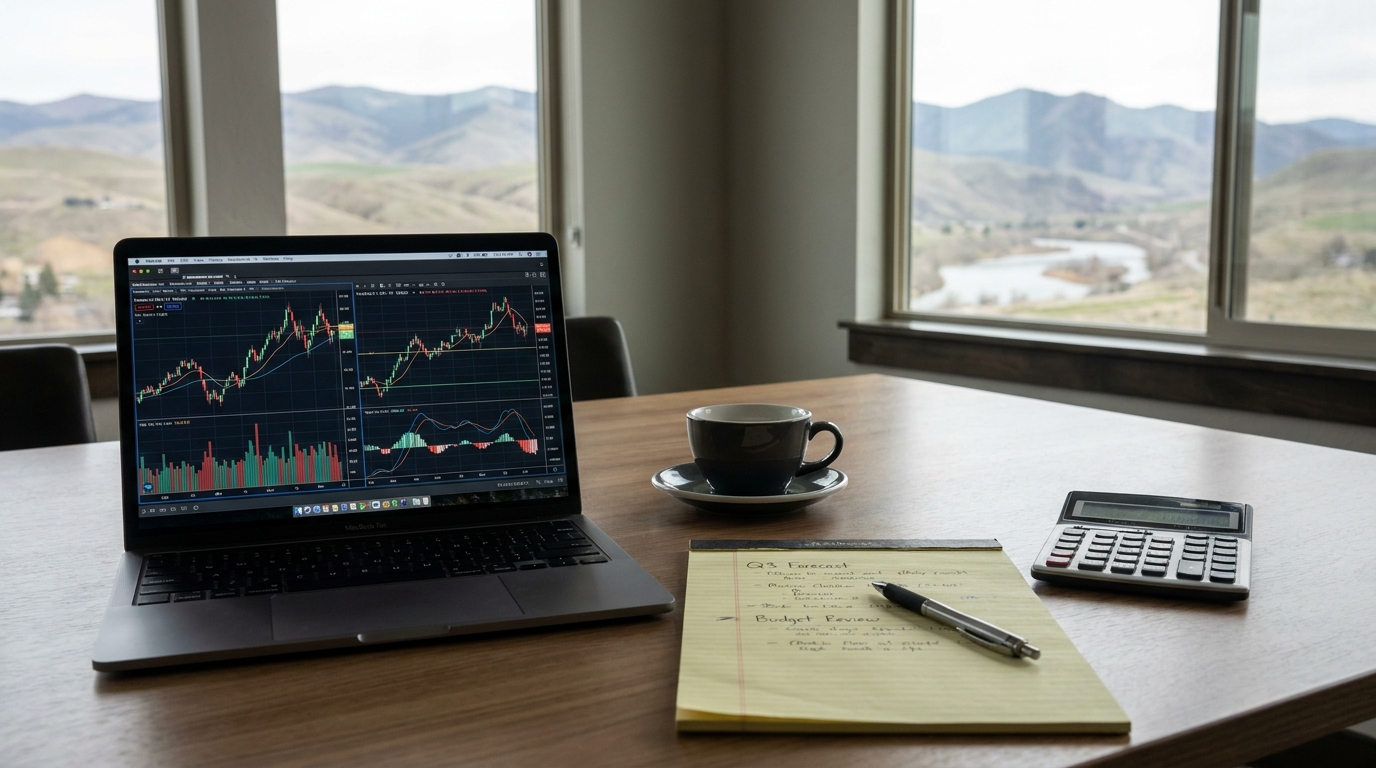 A desk with a laptop showing financial data, legal documents, and a calculator, symbolizing the meticulous nature of accounting and legal compliance in Idaho.