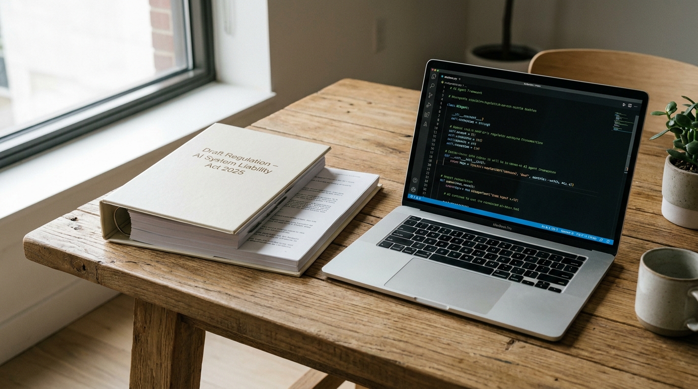 Laptop displaying AI agent code next to an operating agreement document on a modern desk with soft lighting.