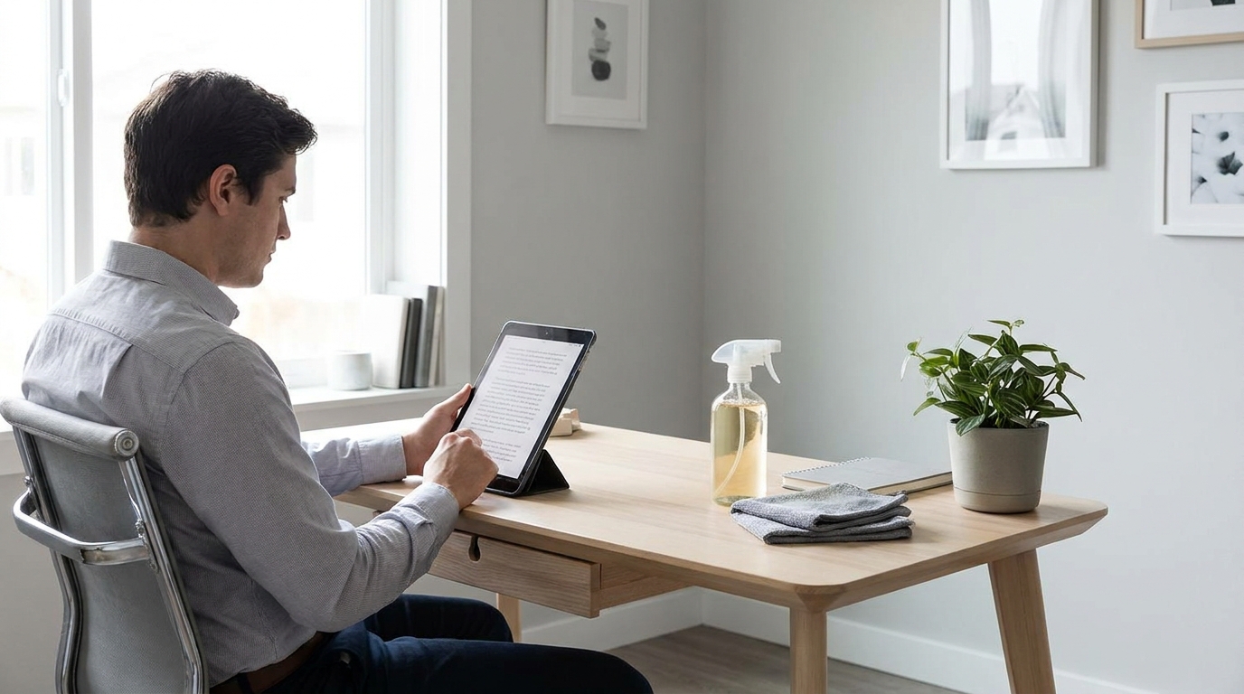 A business owner reviewing an operating agreement document on a tablet, with cleaning supplies subtly integrated into the background, symbolizing a well-organized cleaning services LLC.