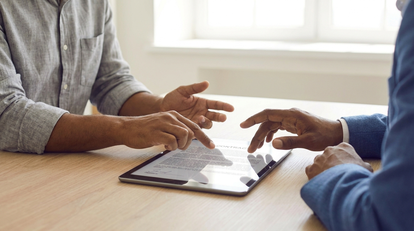 Two co-founders reviewing an operating agreement on a tablet in a modern office.