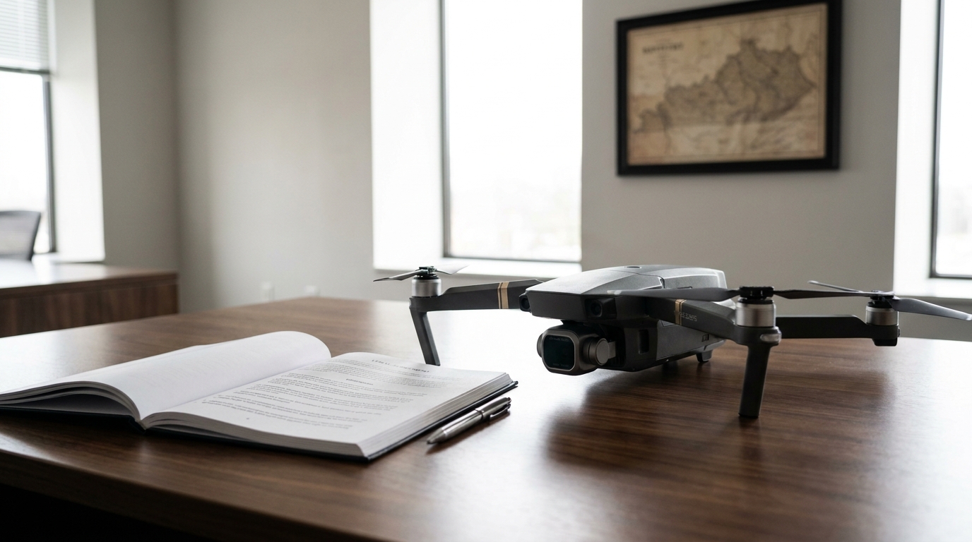 A drone services LLC operating agreement document open on a desk with a drone, symbolizing legal protection for a drone business in Kentucky.