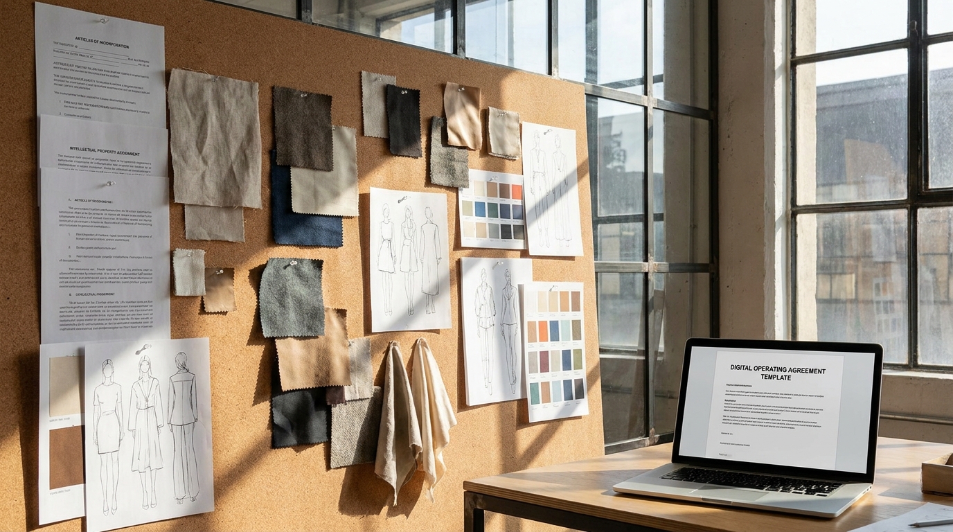 Fashion startup mood board with legal documents, fabric swatches, and design sketches, highlighting the intersection of creativity and business structure for an Illinois LLC.
