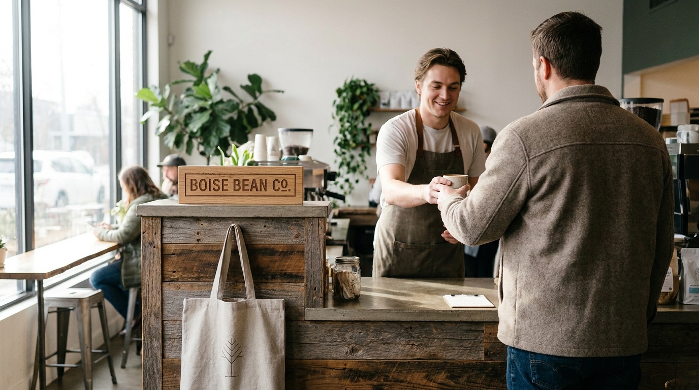 Interior of a modern coffee shop in Boise, Idaho, with natural light and a barista serving a customer.