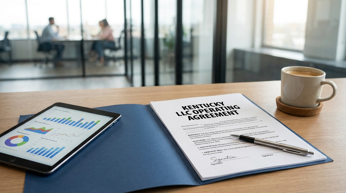 A legal document titled 'Kentucky LLC Operating Agreement' on a modern desk, symbolizing clarity in business structure.