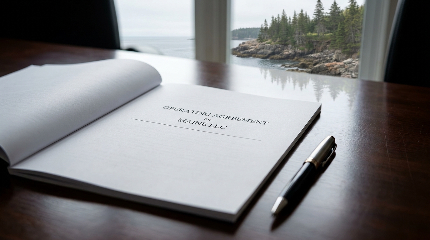 A detailed operating agreement document for a Maine LLC franchise, open on a desk with a pen, against a backdrop subtly hinting at the Maine coast.
