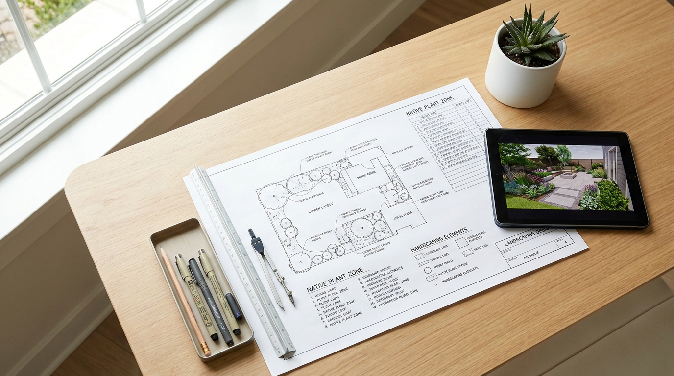 Overhead view of a landscaping design blueprint with drafting tools and a tablet, symbolizing careful business planning.