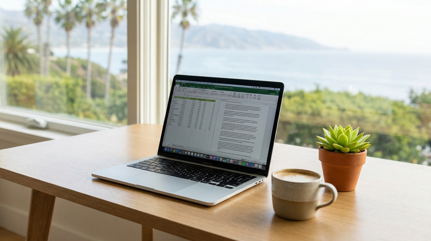 A well-organized desk with a laptop open to a legal document, a coffee cup, and a plant, against a blurred backdrop of a Hawaiian coastal scene.