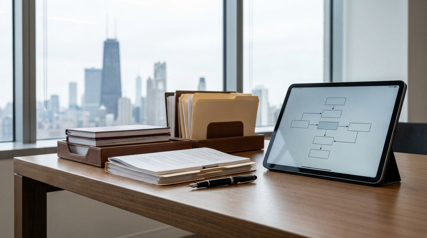 Close-up of legal documents and a tablet on a desk, symbolizing the process of creating an operating agreement for an Illinois nonprofit LLC.