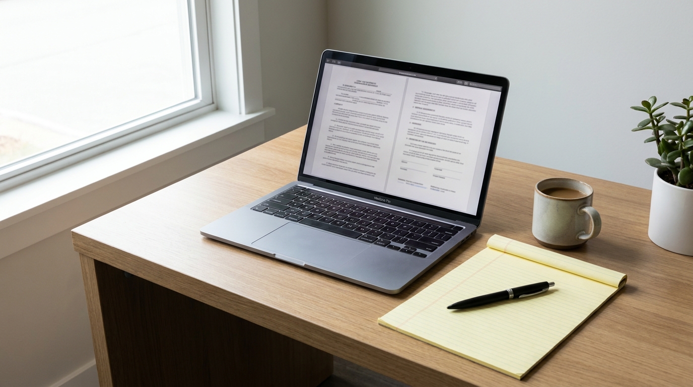 A well-organized desk with a laptop open to legal documents, symbolizing the process of forming an LLC and drafting an operating agreement for a personal trainer in Illinois.