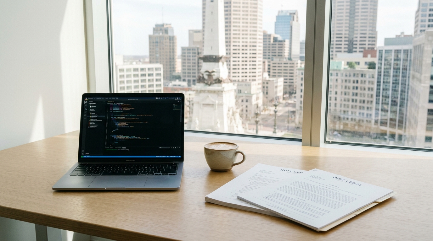 A clean desk in an Indianapolis office with a laptop, coffee, and legal documents, symbolizing business formation.