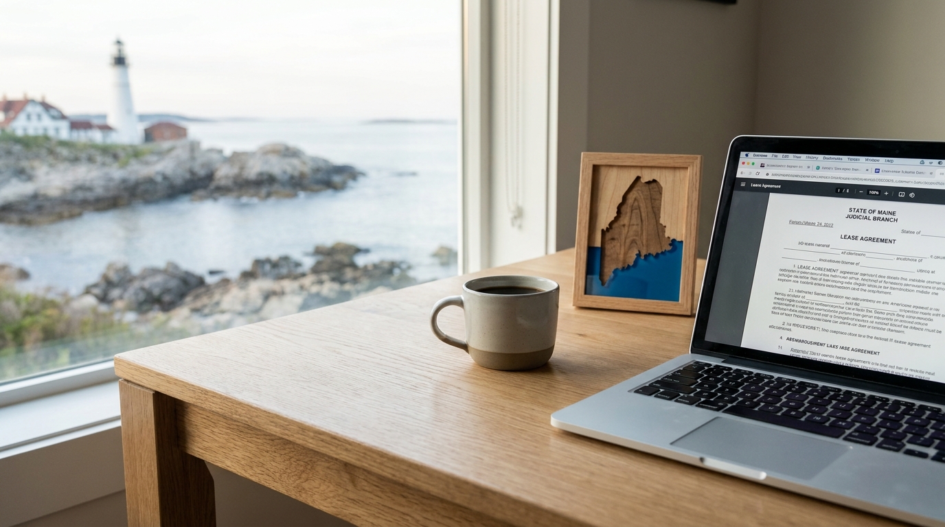 A laptop on a desk showing a digital operating agreement, with a coffee cup and a subtle map of Maine. A blurred coastal Maine background.