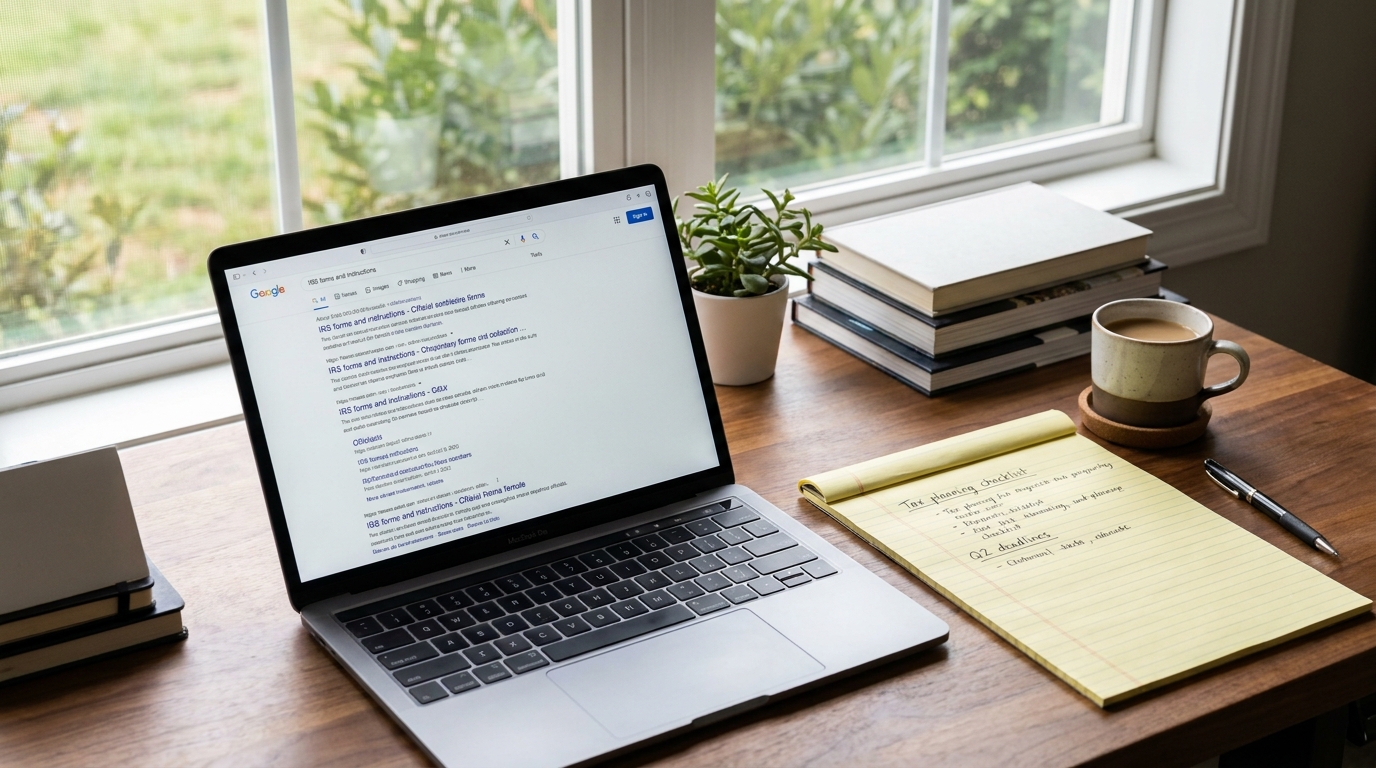 A laptop showing IRS search results for 501(c)(3) organizations, alongside a legal pad and coffee, symbolizing the process of nonprofit formation.