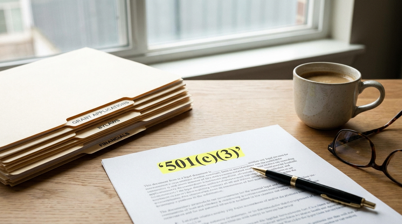 Close-up of a 501(c)(3) tax-exempt status document next to organized legal files, symbolizing the process of establishing a charitable organization.
