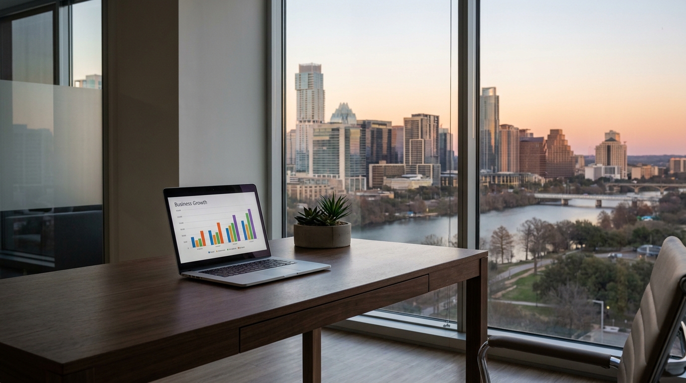 Oficina moderna y minimalista con vista al skyline de Austin, Texas, simbolizando el éxito empresarial.