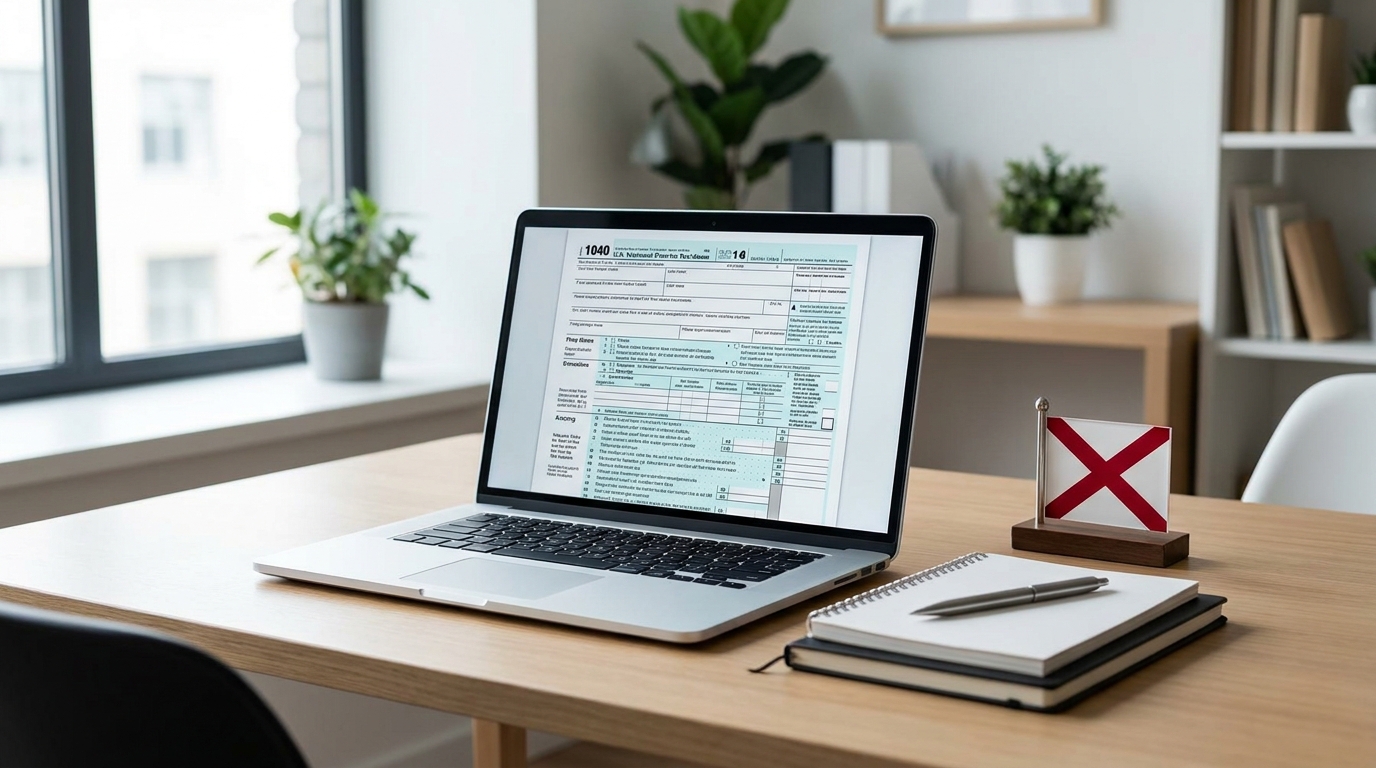 Desk with laptop showing Alabama tax form, pen, and Alabama state flag, symbolizing business compliance.