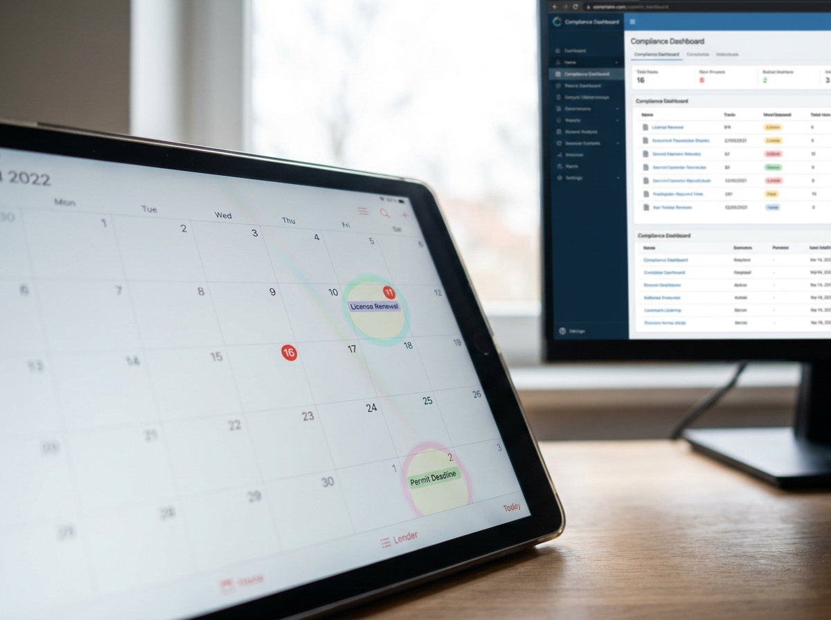 A calendar showing highlighted dates for license renewals, next to a computer screen displaying a compliance dashboard.