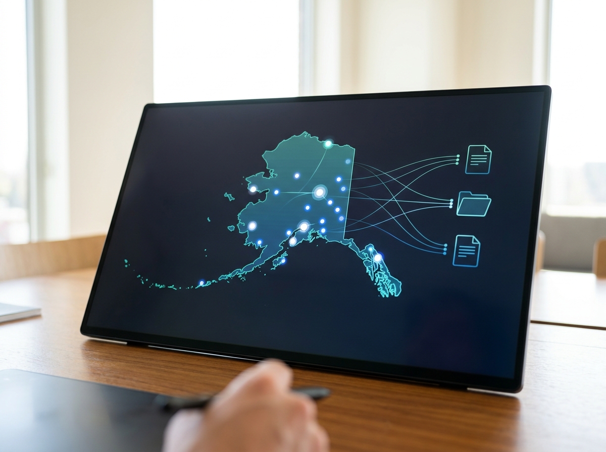 Conceptual image of AI-powered digital assistance, with a stylized 'Lovie' logo overlaid on a network of interconnected legal documents and a map of Alaska.