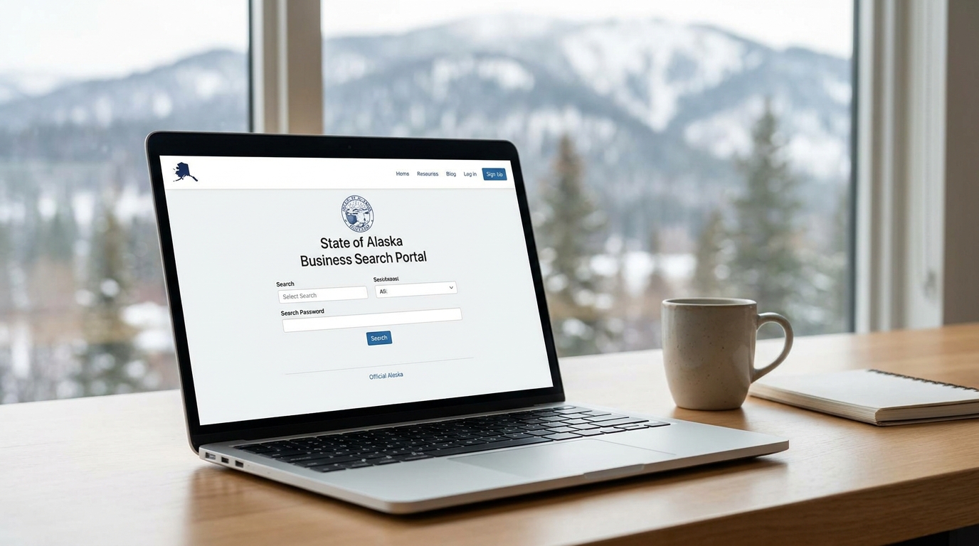 Laptop screen showing an Alaska business license search website, with a scenic Alaskan landscape in the background.