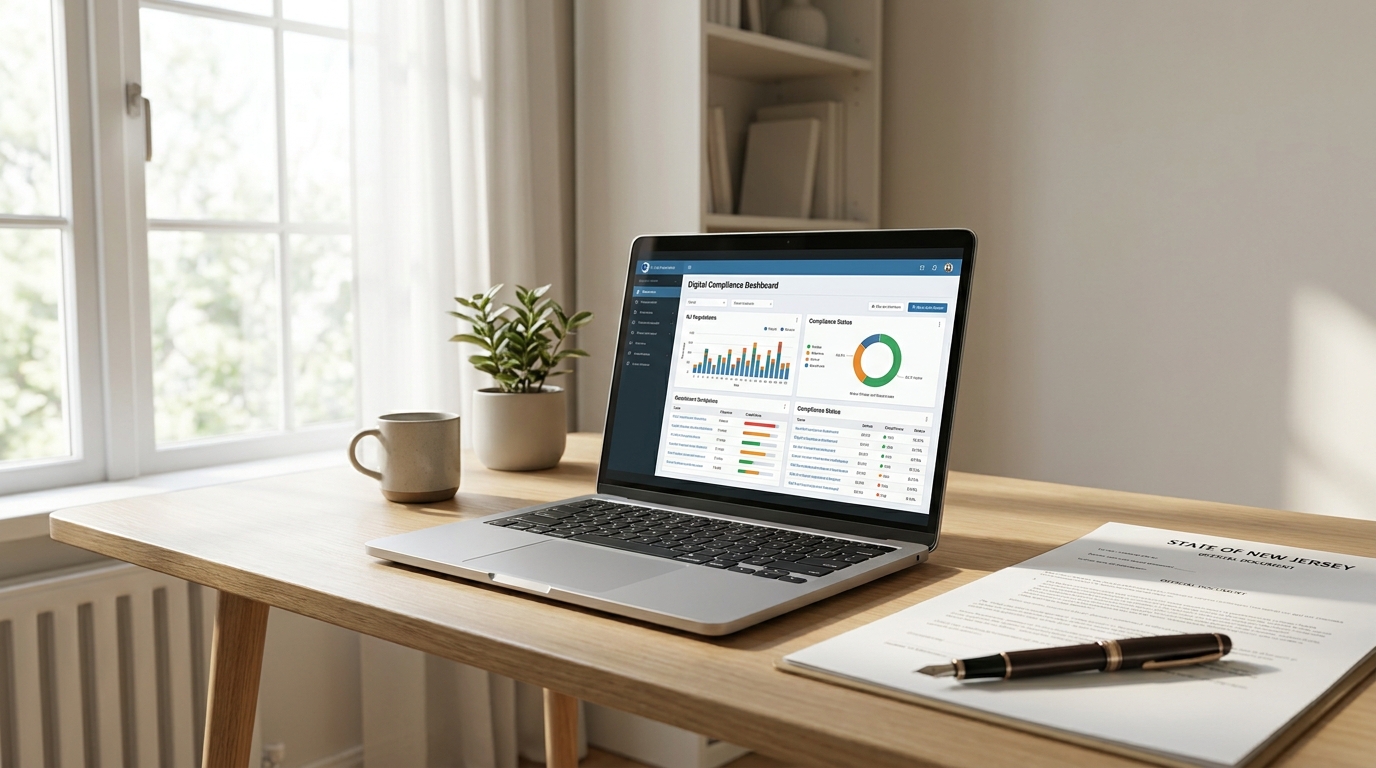 A laptop displaying a compliance dashboard, New Jersey legal documents, and a pen on a modern desk, symbolizing business compliance.