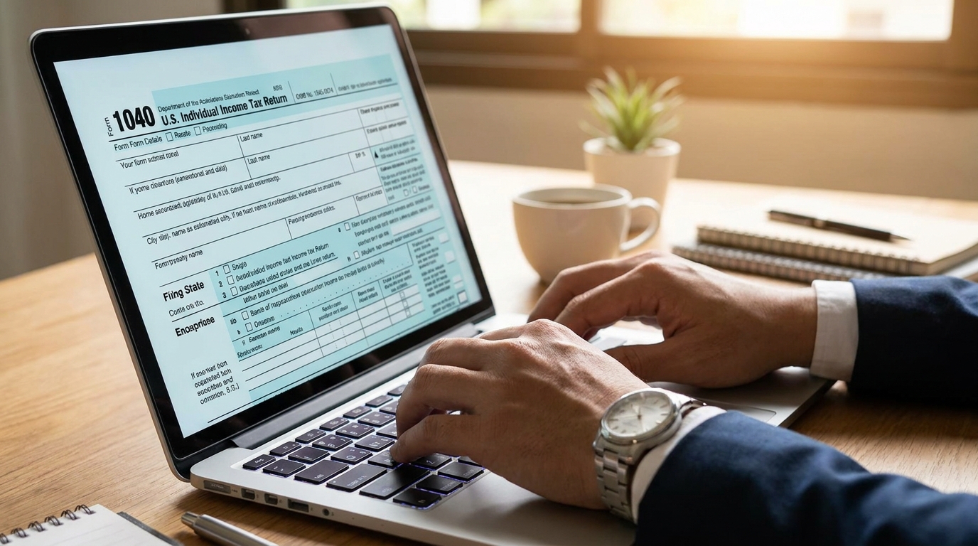 A person applying for an EIN online using a laptop, with an IRS form visible on the screen.