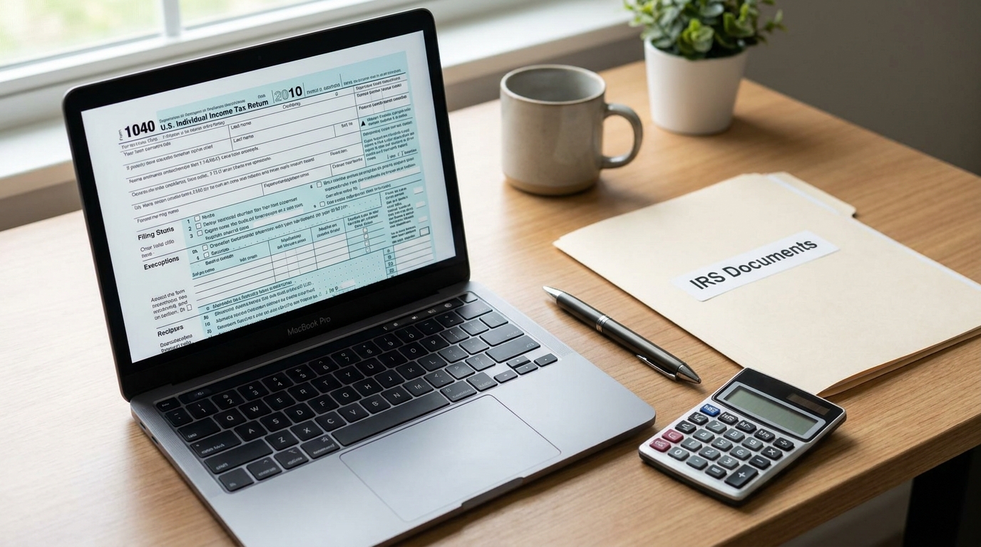 A desk with a laptop showing an IRS form, a pen, and documents, symbolizing business tax preparation.