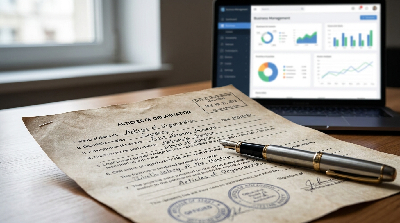 Detailed view of an LLC formation document for Wisconsin with a pen, indicating the application process.