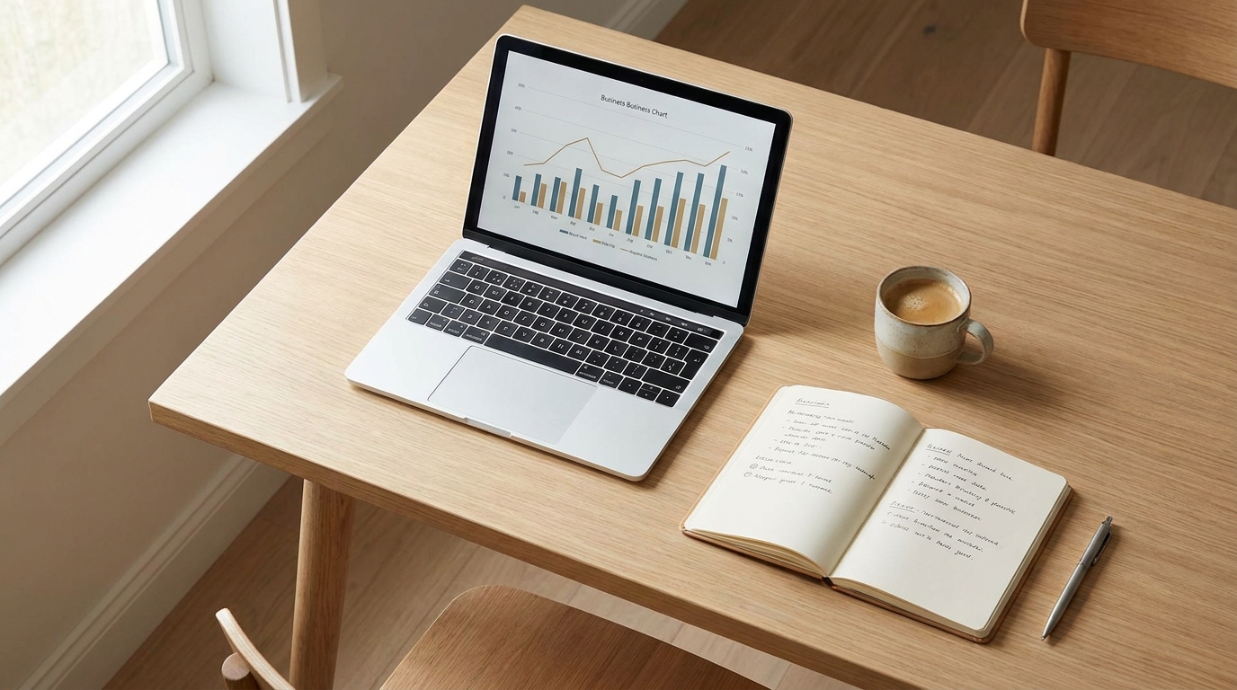 A clean desk setup with a laptop showing a business chart, a notebook, and a pen, symbolizing business planning and legal structure comparison.