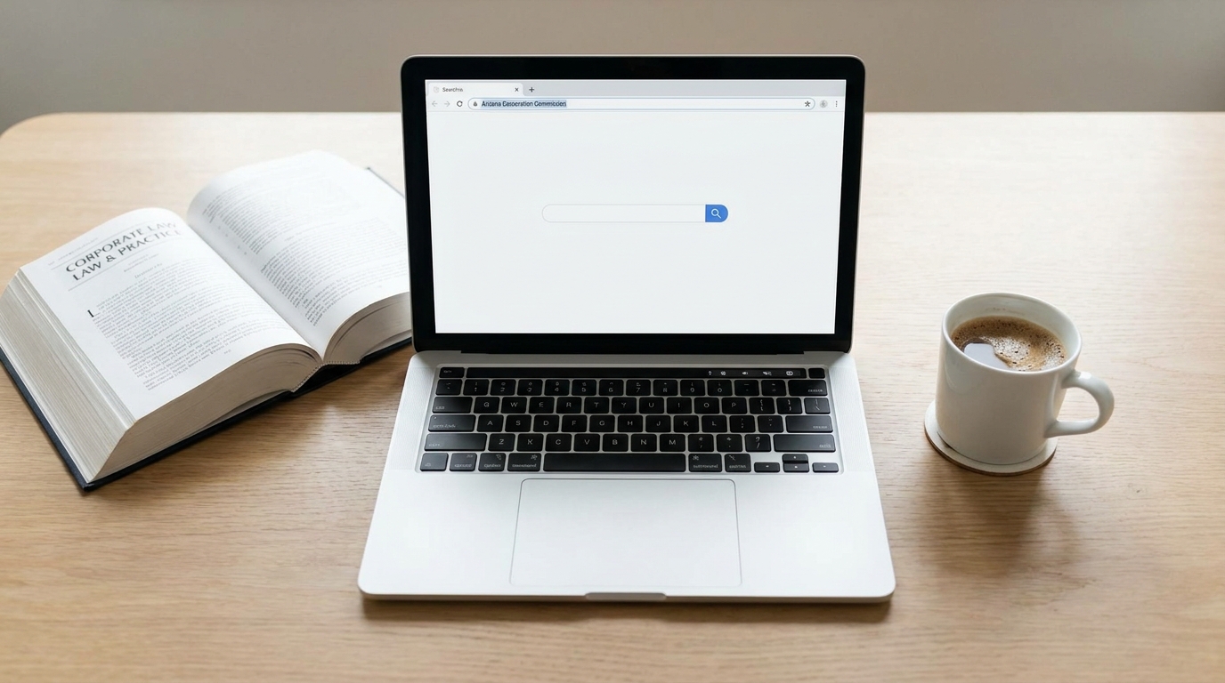 Laptop screen showing a business name search interface for Arizona, with legal documents and coffee on a desk.