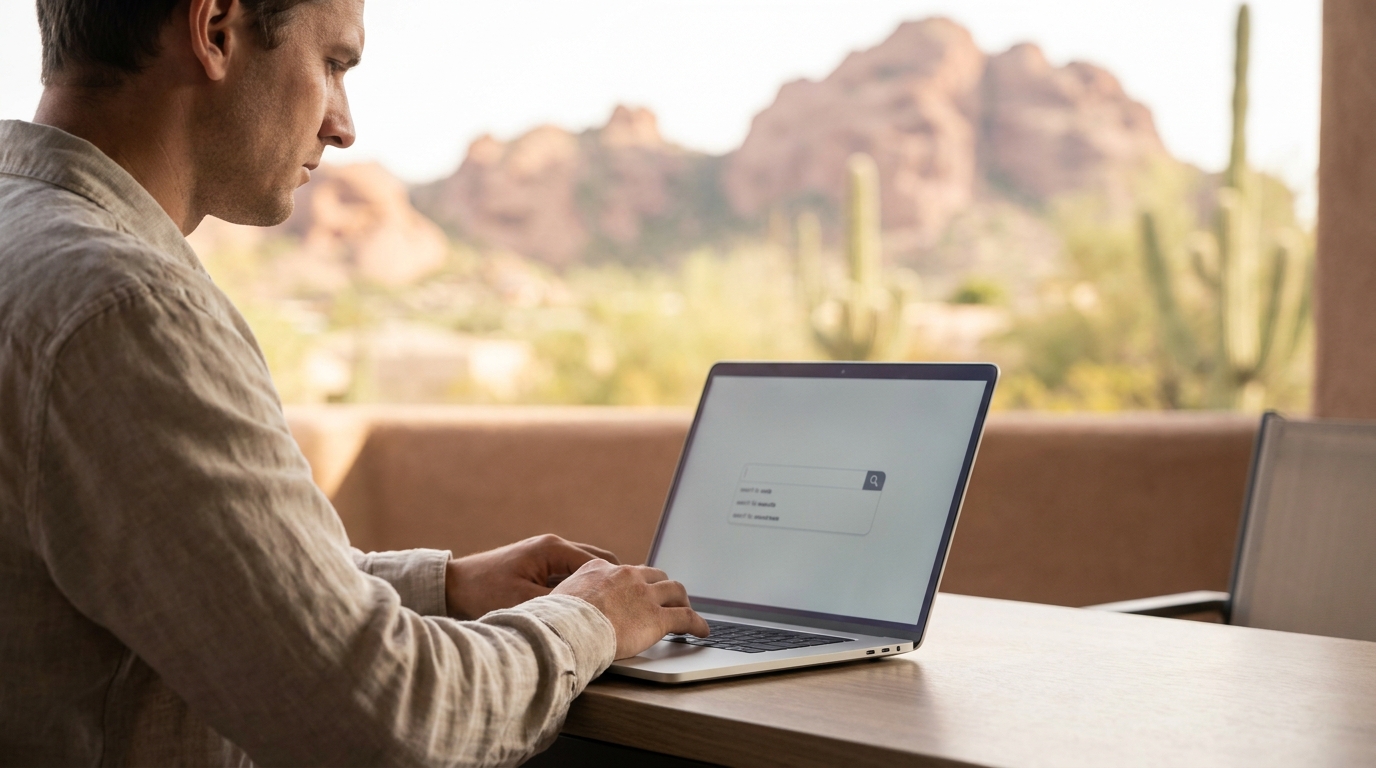 A person intently searching a business entity database on a laptop, with a subtle Arizona desert backdrop.