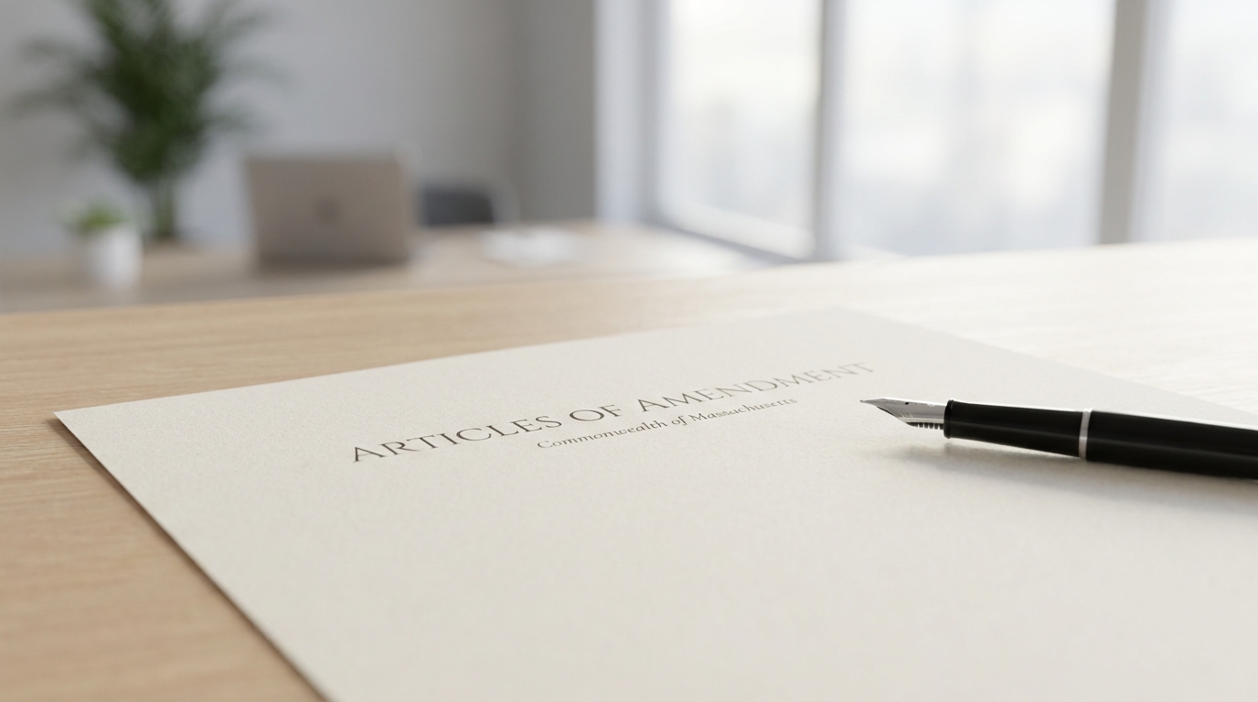 Close-up of Massachusetts Articles of Amendment document on a desk with a fountain pen, symbolizing legal updates and compliance.