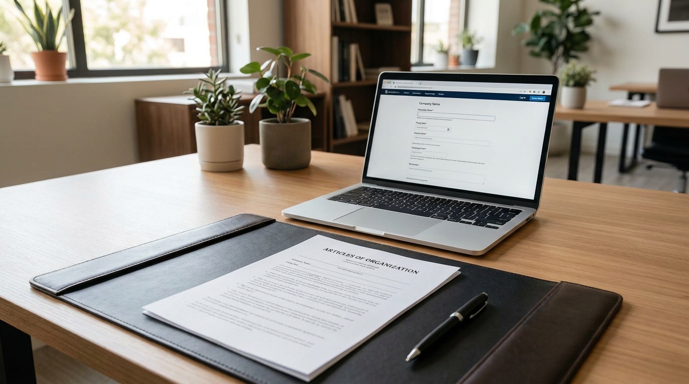 Articles of Organization document on a desk with a laptop and pen, symbolizing the LLC formation process.