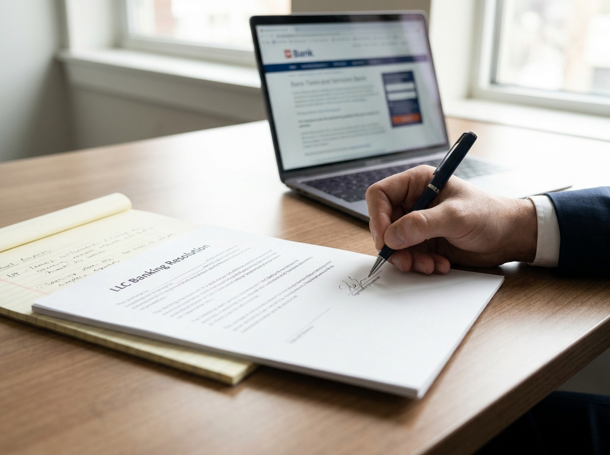 A close-up of a hand signing a formal banking resolution document, with a pen, a legal pad, and a laptop showing a banking interface on a wooden desk.