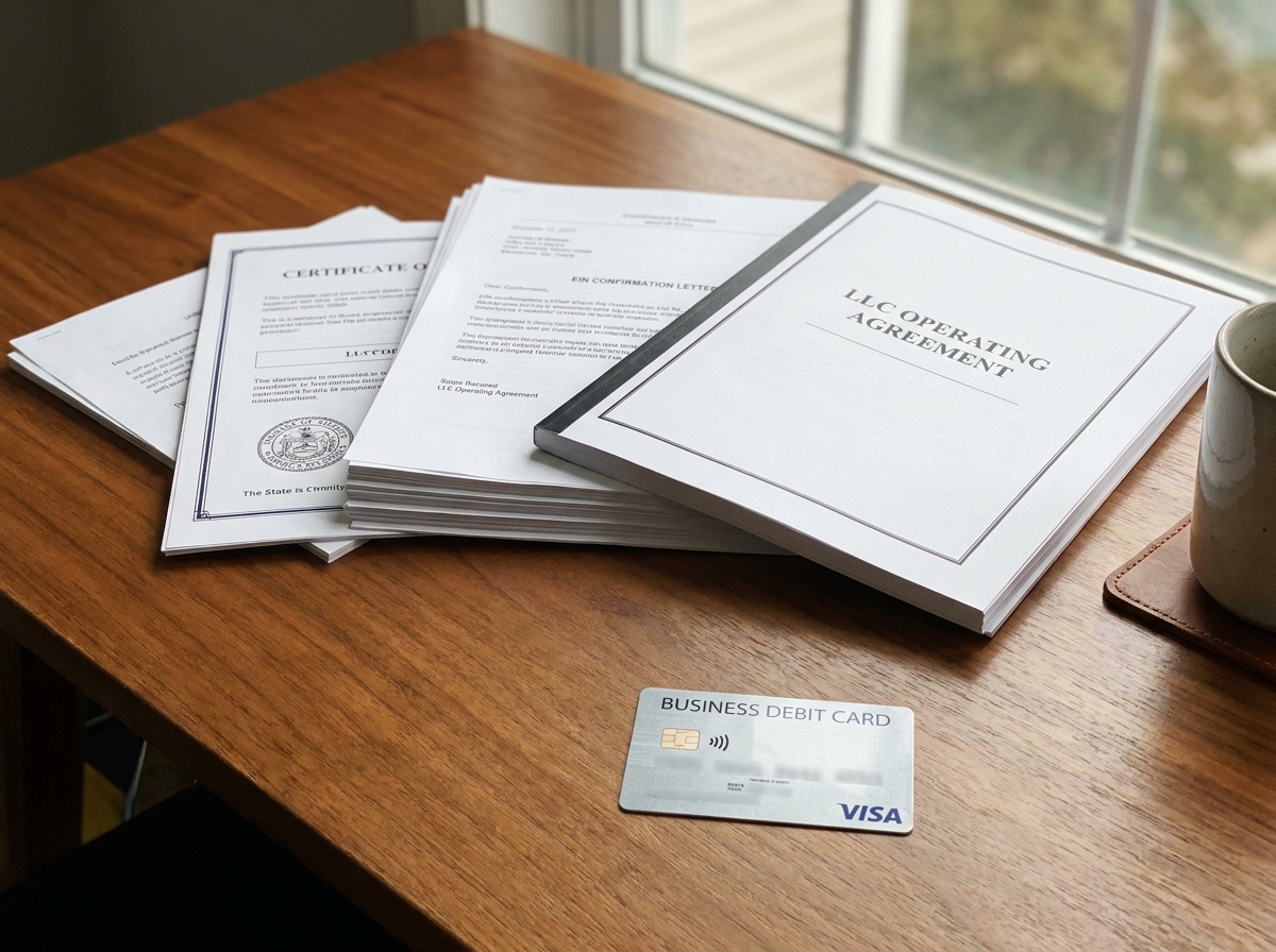 A stack of organized business documents including an LLC Operating Agreement, a Certificate of Formation, and an EIN letter, ready for a bank appointment.