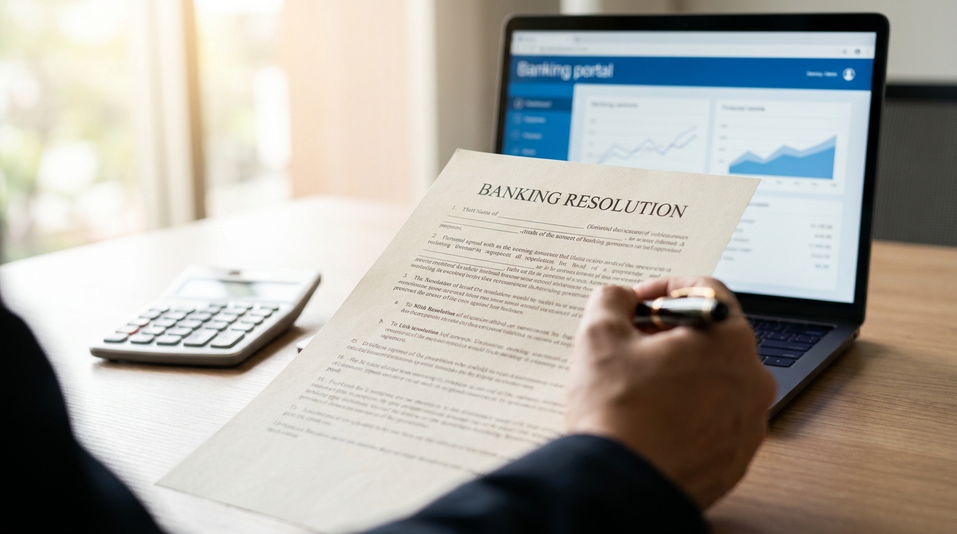 A hand preparing to sign a banking resolution document for an LLC, with a calculator and laptop in the background.