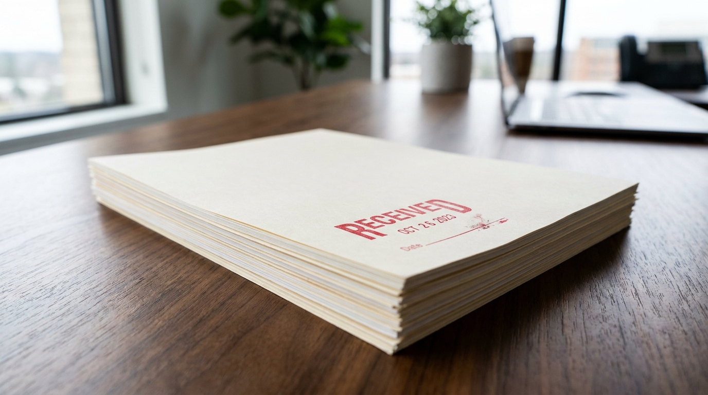 Stack of legal documents with a 'RECEIVED' stamp, signifying official correspondence handling.
