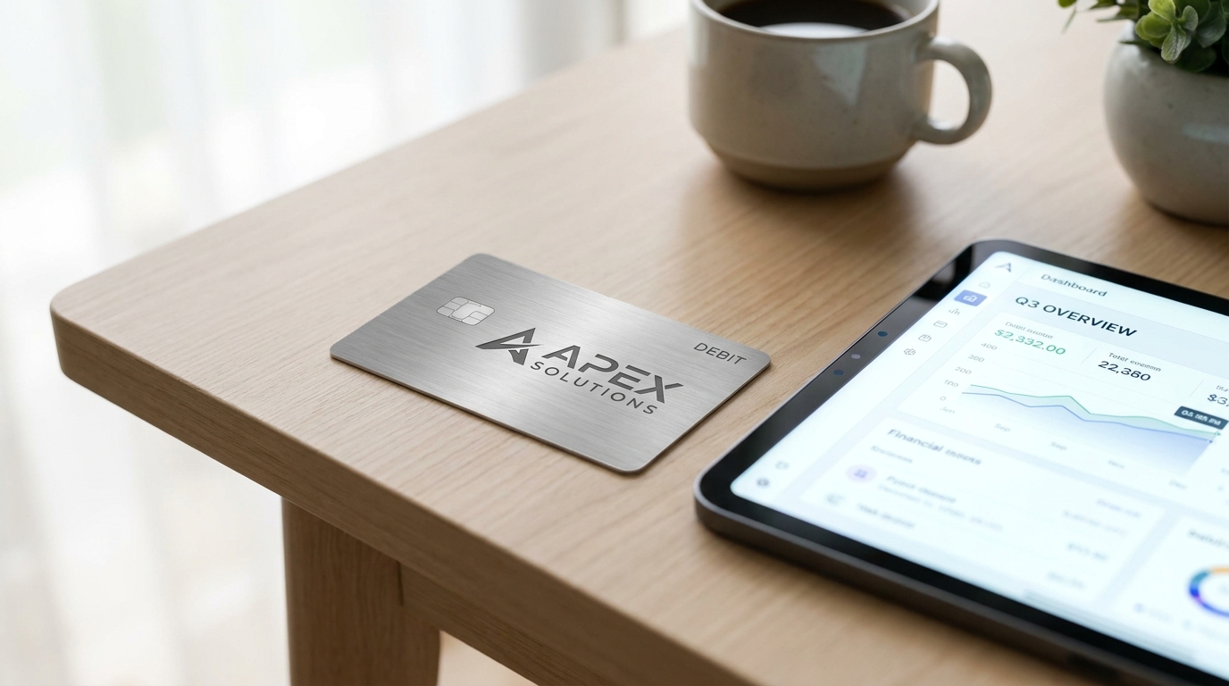 A business debit card on a clean desk next to a tablet showing a financial app dashboard.