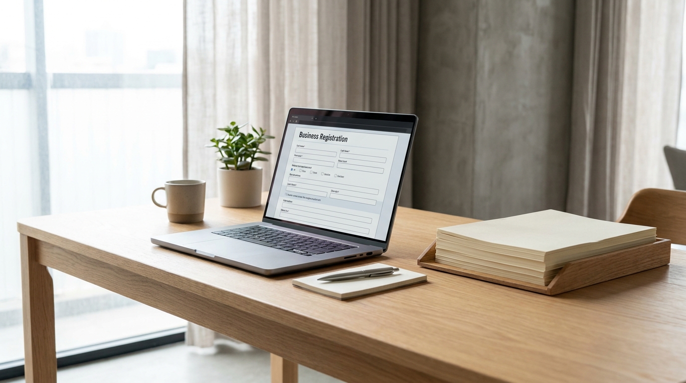 Overhead view of a desk with a laptop open to a company formation website, surrounded by business documents and a coffee cup, symbolizing the process of establishing an LLC.