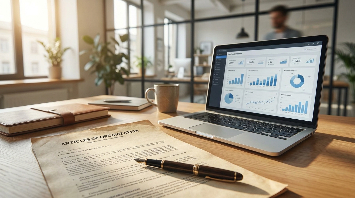 Close-up of incorporation documents and a pen next to a laptop displaying business analytics, symbolizing the start of a new company.