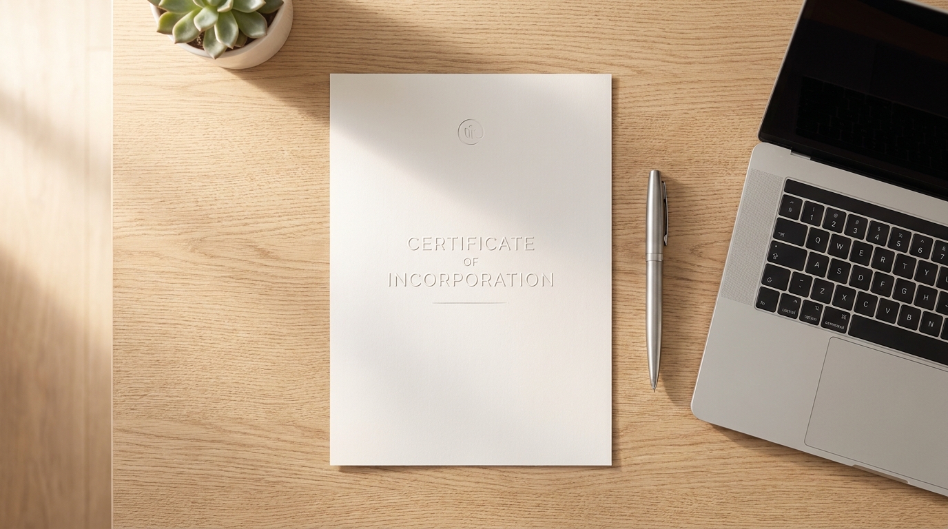 A desk with an LLC formation document, a pen, and a laptop, symbolizing the process of starting a new business.