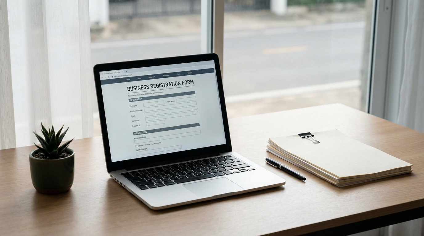 A clean desk with a laptop showing a business formation application, symbolizing the process of choosing an LLC formation service.