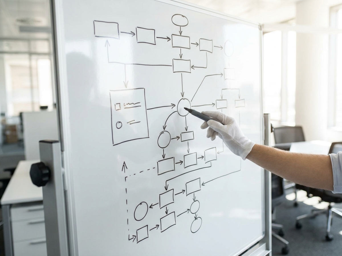 A complex flowchart diagram with interconnected nodes and arrows, representing the intricate nature of business compliance.