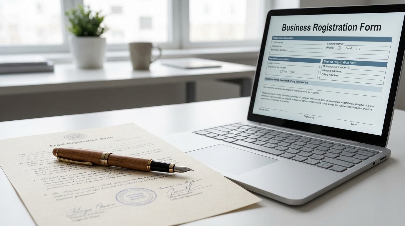 A close-up of an LLC formation document with a pen and a laptop showing an online registration portal, symbolizing the process of forming a company.