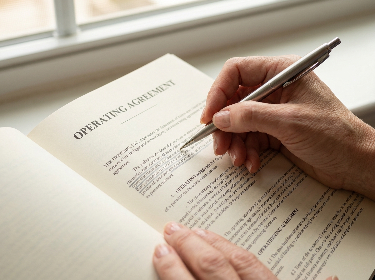 A founder reviewing the details of an LLC operating agreement document.