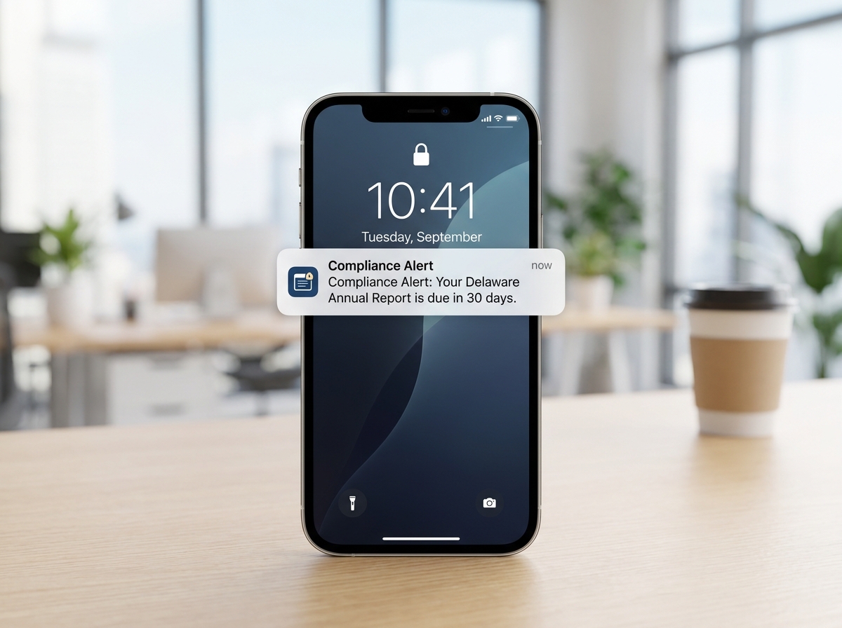 A phone showing an automated compliance alert for an upcoming LLC annual report filing.